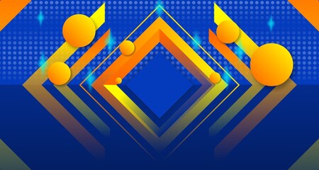 Vibrant abstract background with overlapping squares, circles, and a dotted pattern in shades of blue, orange, and yellow.