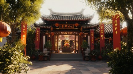 Serene Traditional Chinese Courtyard with Lanterns and Red Banners Surrounded by Lush Greenery, Showcasing a Peaceful Garden and Ornate Architecture