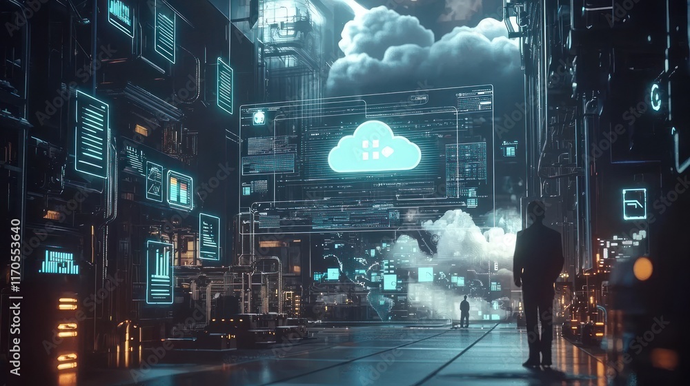 Aufkleber futuristic cityscape showing cloud computing data processing