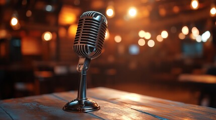 A moody recording studio setup with a microphone and warm lighting, perfect for podcasting or audio production.