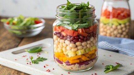 Colorful bean salad layered in a mason jar, perfect for healthy meals on the go and summer picnics with friends