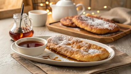 Delightful beavertails served with syrup and powdered sugar on a cozy table setting during a leisurely afternoon