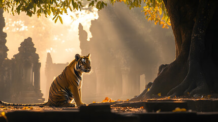 A tiger sitting majestically under a banyan tree, with an ancient temple as the background, during a misty morning