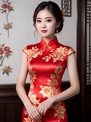 Elegant Red Cheongsam with Floral Embroidery Generative AI