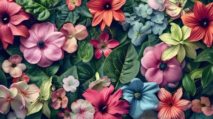 Flowers background. Colorful flowers and leaves. Top view.