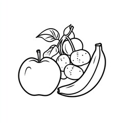 Obraz premium Apple, banana, grapes, cherries sketch; white background; coloring page