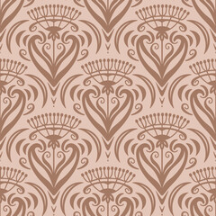 Art Nouveau style scallop floral seamless pattern on beige background.