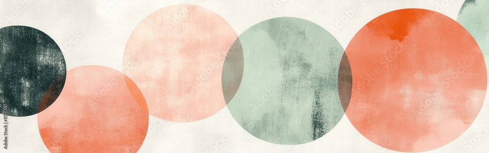 Poster Overlapping circular shapes in muted mint and coral create a modern abstract design for interior decor or artwork