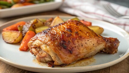 Perfectly baked chicken thigh served with roasted vegetables on a rustic plate in a cozy kitchen setting