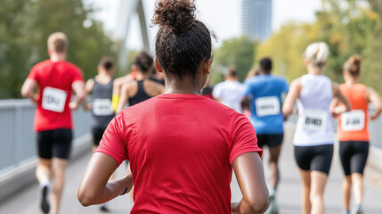 Fototapeta premium African runner woman in red Athleisure, joins in marathon event at Canada