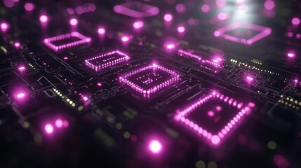 Obraz premium Pink illuminated microchips on circuit board, data flow background, tech concept