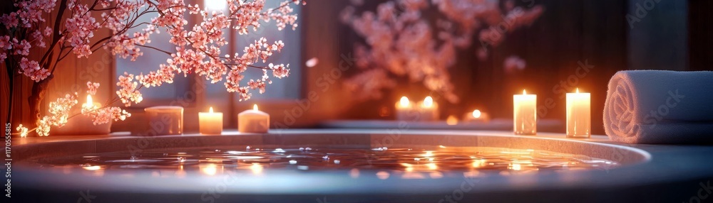 Poster tranquil spa setting with flowering branches and ambient candlelight creating a relaxing atmosphere 