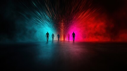 Fototapeta premium Silhouetted Figures Emerging Through Vibrant Colorful Light Rays
