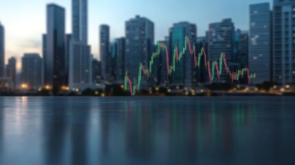 Naklejka premium City Skyline with Stock Market Chart Overlay at Dusk