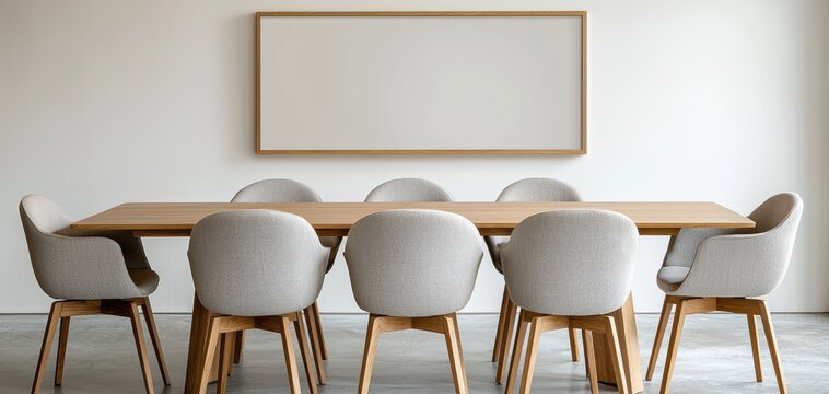 Mockup poster frame concept. A modern conference room featuring a long wooden table surrounded by plush chairs and a blank wall for presentations.