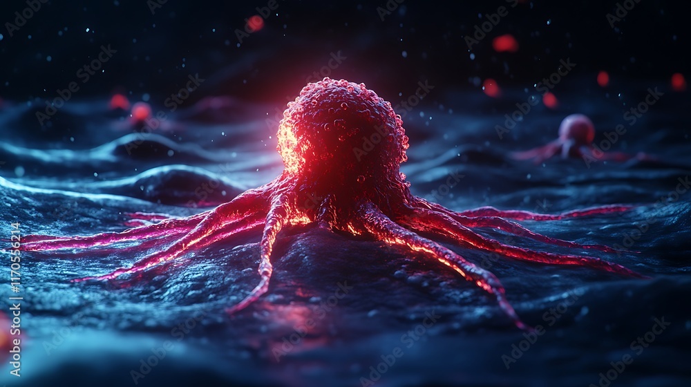 Poster microscopic view of a cancerous cell with glowing nucleus and multiple tentacles.