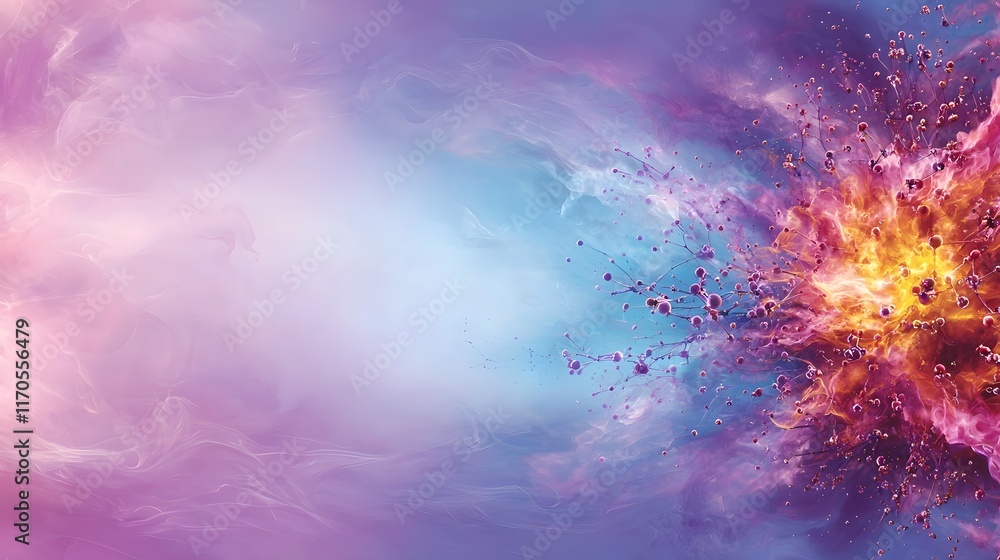 Poster Visually demonstrating the conservation of momentum in a quantum particle system showing how interactions between particles leave an open space for copy or text at the bottom right of the image