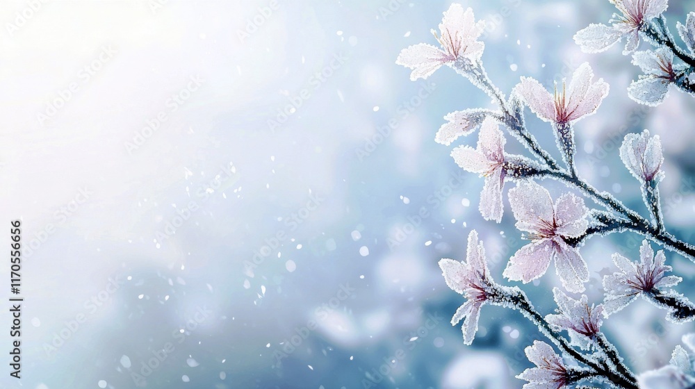 Poster delicate frozen cherry blossom branches covered in frost against a soft blue background with gentle 