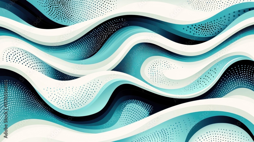 Poster abstract blue waves pattern with fluid lines and dots in shades of cyan and white for creative backg