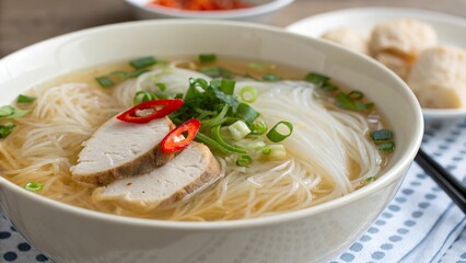 Delicious bee hoon soup garnished with chili and green onions served in a cozy eatery