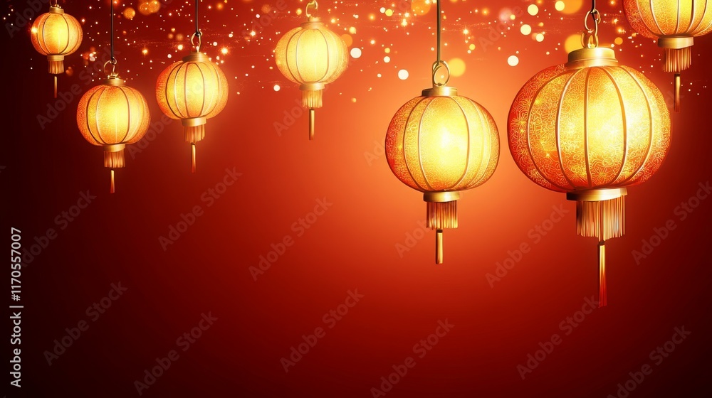 Aufkleber vibrant hanging lanterns against a warm red background with sparkling lights creating a festive atmo