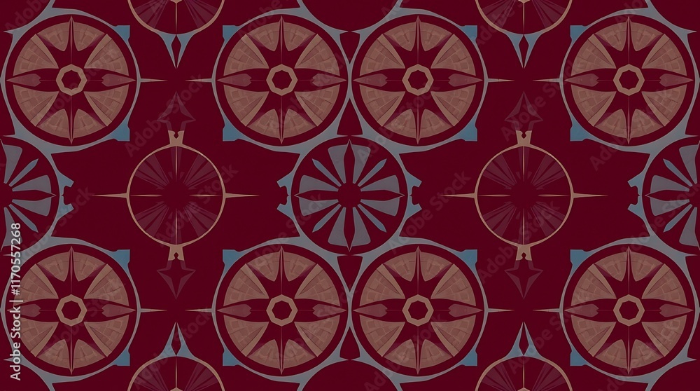 Poster geometric pattern: a symmetrical and intricate kaleidoscopic pattern, featuring a vibrant red backgr