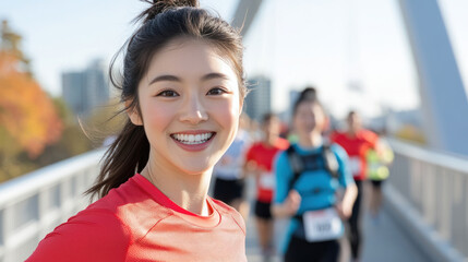 Japanese runner woman in red Athleisure, joins in marathon event at Canada