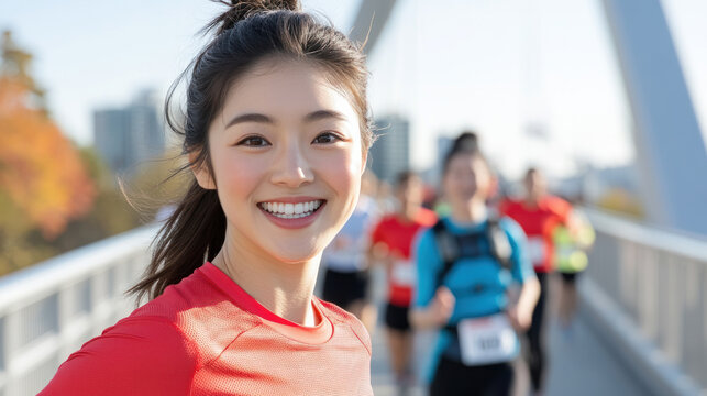 Japanese runner woman in red Athleisure, joins in marathon event at Canada