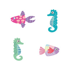 colorful fish and sea horse logo symbol set