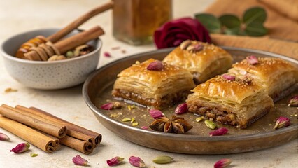 Deliciously sweet greek baklava pieces elegantly arranged on a rustic tin plate with spices and floral accents