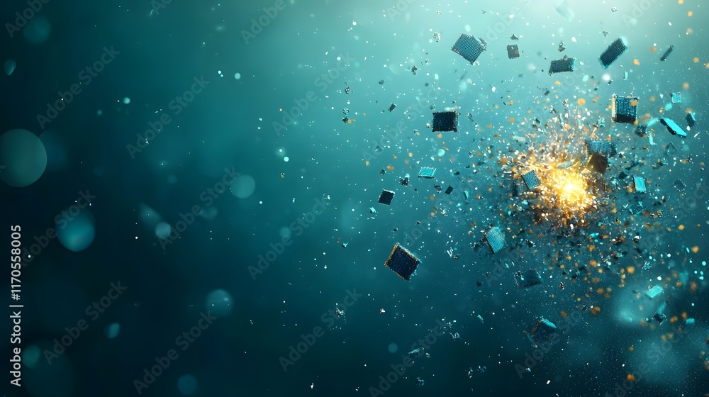 Poster quantum computing momentum transfer explosion showcasing dispersed particles moving apart with equal