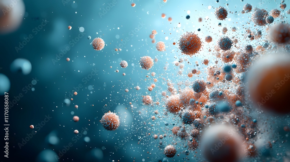 Poster quantum computing visualizing the transfer of momentum in an explosive reaction showing particles mo