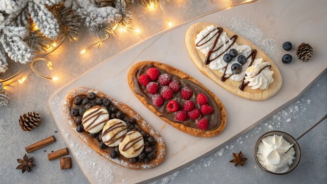 Delightful overhead view of beavertails adorned with fresh fruits, cream, and rich chocolate, perfect for a winter treat