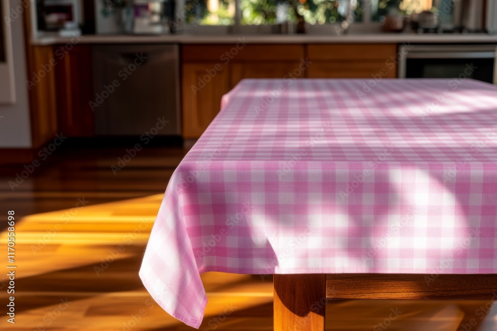 Poster neatly draped pink gingham tablecloth over a wooden dining table in a bright kitchen, with morning l