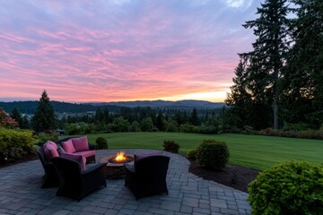 Experience tranquility in an outdoor seating area featuring plush armchairs around a warm fire pit, embraced by vibrant greenery under a soft twilight glow