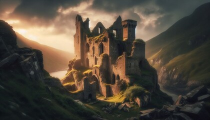 Fototapeta premium Ruined medieval castle overgrown with ivy, set against a dramatic sunset sky, surrounded by a serene, scenic landscape