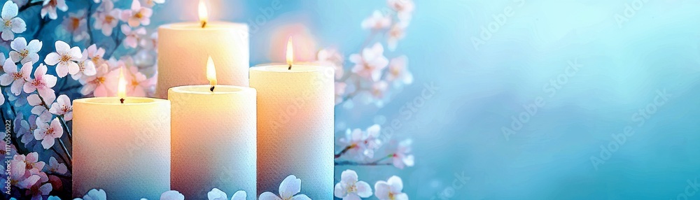 Poster serenity of white candles surrounded by blossoms with a soft blue background creating a calm and pea