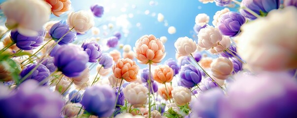 Obraz premium Colorful Floral Landscape with Soft Roses and Lavender Under Bright Blue Sky in Springtime Sunshine Capturing Beauty of Nature's Blooming Season