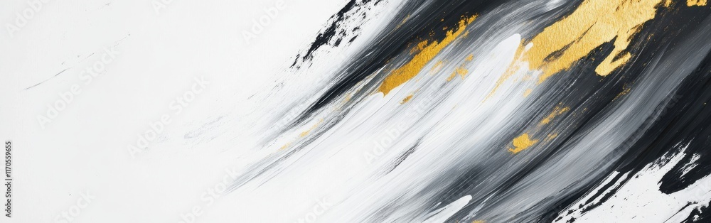 Poster Vibrant abstract art with gold and black strokes on a white background creating dynamic movement and texture