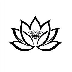 Bee in Lotus Flower, White Background, Nature Design, Logo