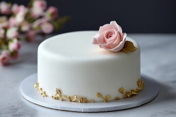 Naklejka premium A minimalist white fondant cake with elegant gold decoration and a single pink rose on top. 