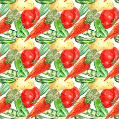 Vegetables pattern on white background. Watercolor. Handmade. Can be used on packaging, stickers, wrapping paper, textile