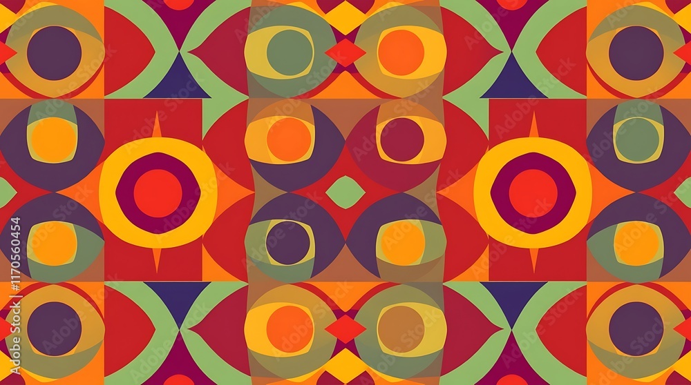 Poster Retro Geometric Pattern: A vibrant and eye-catching digital design featuring a repeating pattern of geometric shapes in bold, contrasting colors. This abstract, seamless pattern evokes a retro.