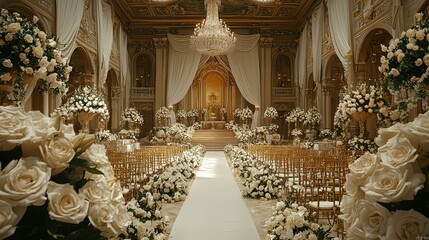 Grand white rose wedding ceremony setup in a luxurious palace.