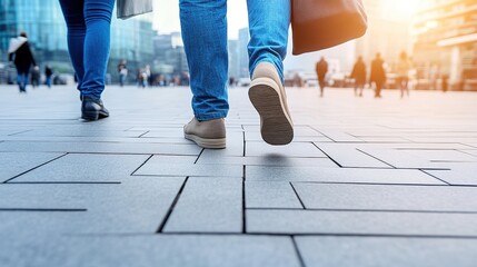 Obraz premium People Walking on Urban Paved Street with Shopping Bags in Hand