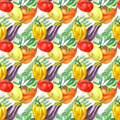 Vegetables pattern on white background. Watercolor. Handmade. Can be used on packaging, stickers.