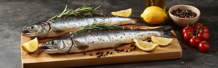 Two fresh sea bass with rosemary, lemon, and tomatoes on a rustic cutting board, perfect for culinary art, recipe blogs, and food styling.