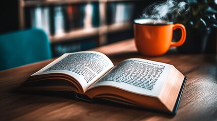 Fototapeta premium Open book on wooden table with steaming mug.