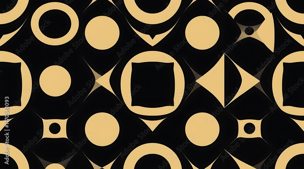 Poster abstract geometric pattern: black and gold circles and squares