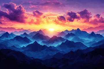 Obraz premium Majestic sunset over misty mountain range.